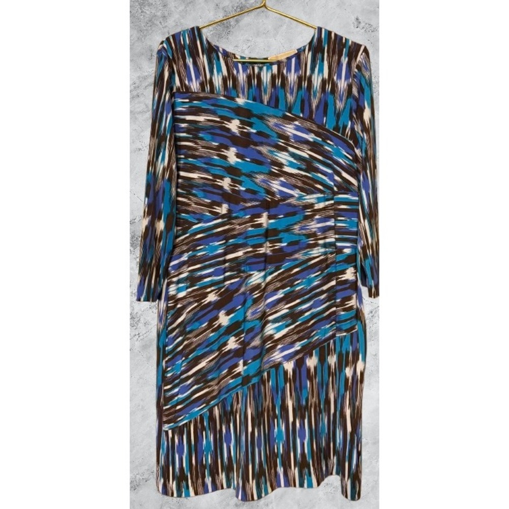 Michael Kors Blue Brown Ikat Print Sheath Dress XL Asymmetric Pleated Stretch